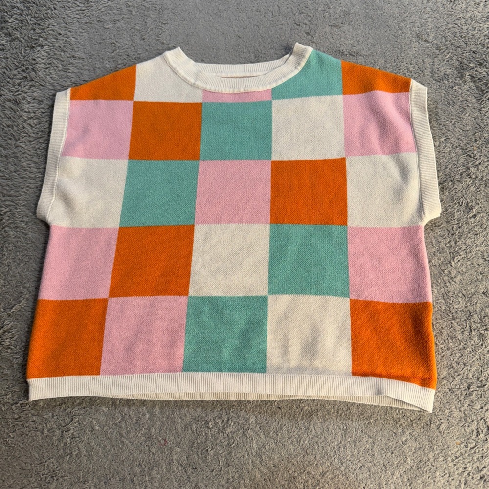 Women Checkerboard Knit Sweater Vest Size S Multicolor Viscose Sleeveless Top